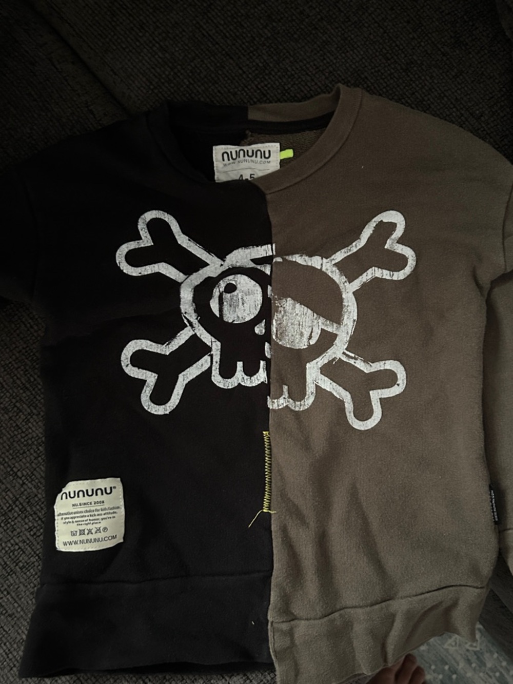 nununu Black and Olive Split Skull Crewneck Sweater
